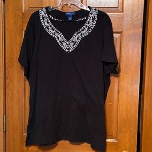 Karen Scott Black Tee with Embroidered Neckline